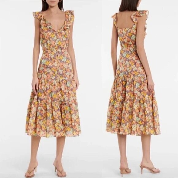 Veronica Beard Malgosia Floral Cotton Midi Dress Ruffle Tiered Orange 4 - Picture 2 of 9
